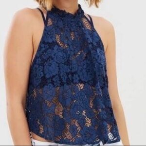 Free People Sweet Meadow Dreams Navy Halter Sheer Lace Sleeveless Top XS